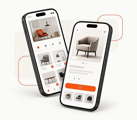 Two phones showing a furniture shopping app: a product grid on one screen and a product detail page on the other.
