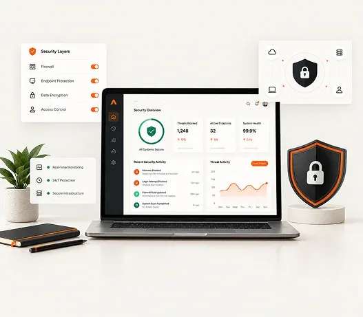 A laptop showing a security monitoring dashboard beside a shield icon and a card listing active protection layers.