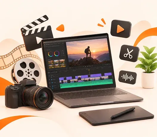A laptop showing a video timeline being edited, beside a camera, a film reel, a clapperboard and editing icons.